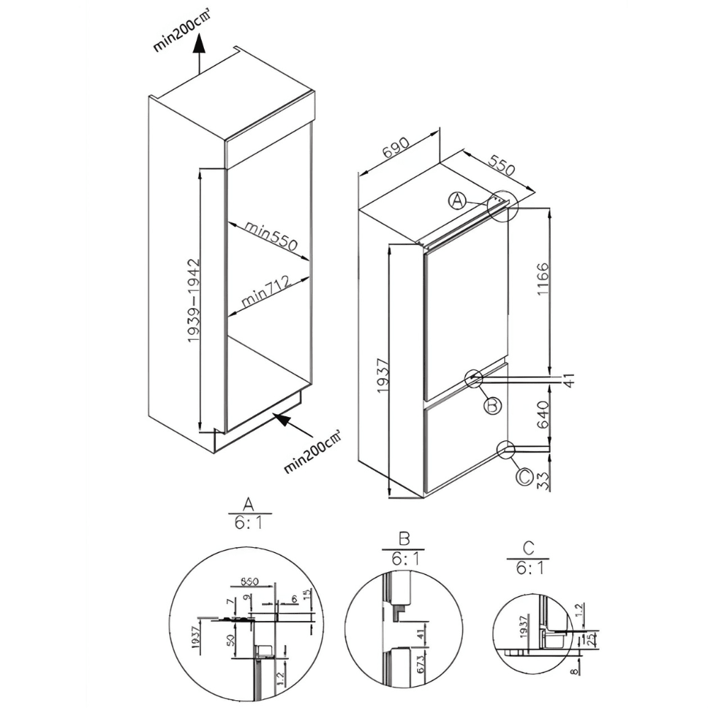 מקרר אינטגרלי מקפיא תחתון 341 ליטר 70 ס"מ Gorenje NRKI619EA3 No Frost Plus - K.B.V