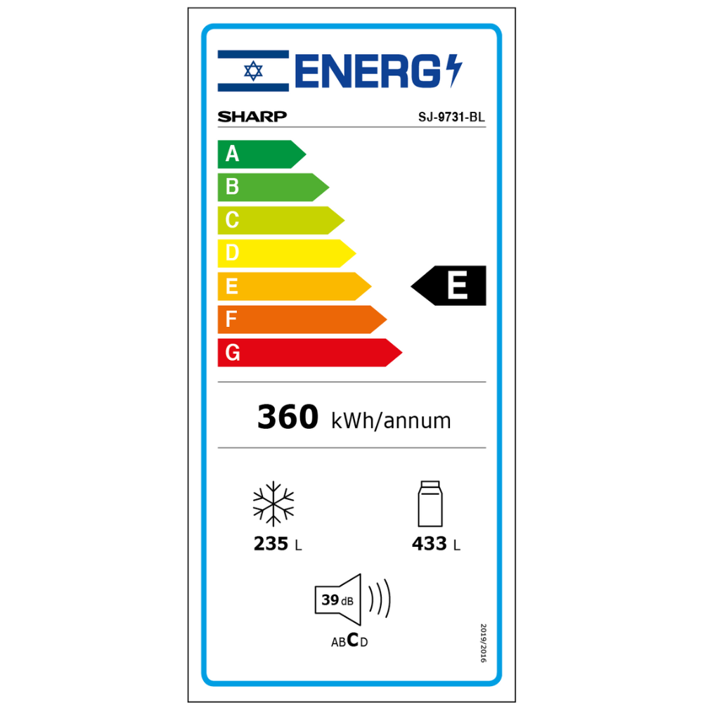 מקרר 5 דלתות מקפיא תחתון 661 ליטר נטו Sharp SJ-9731 עם התקן שבת מובנה - גימור זכוכית שחורה - יבואן רשמי