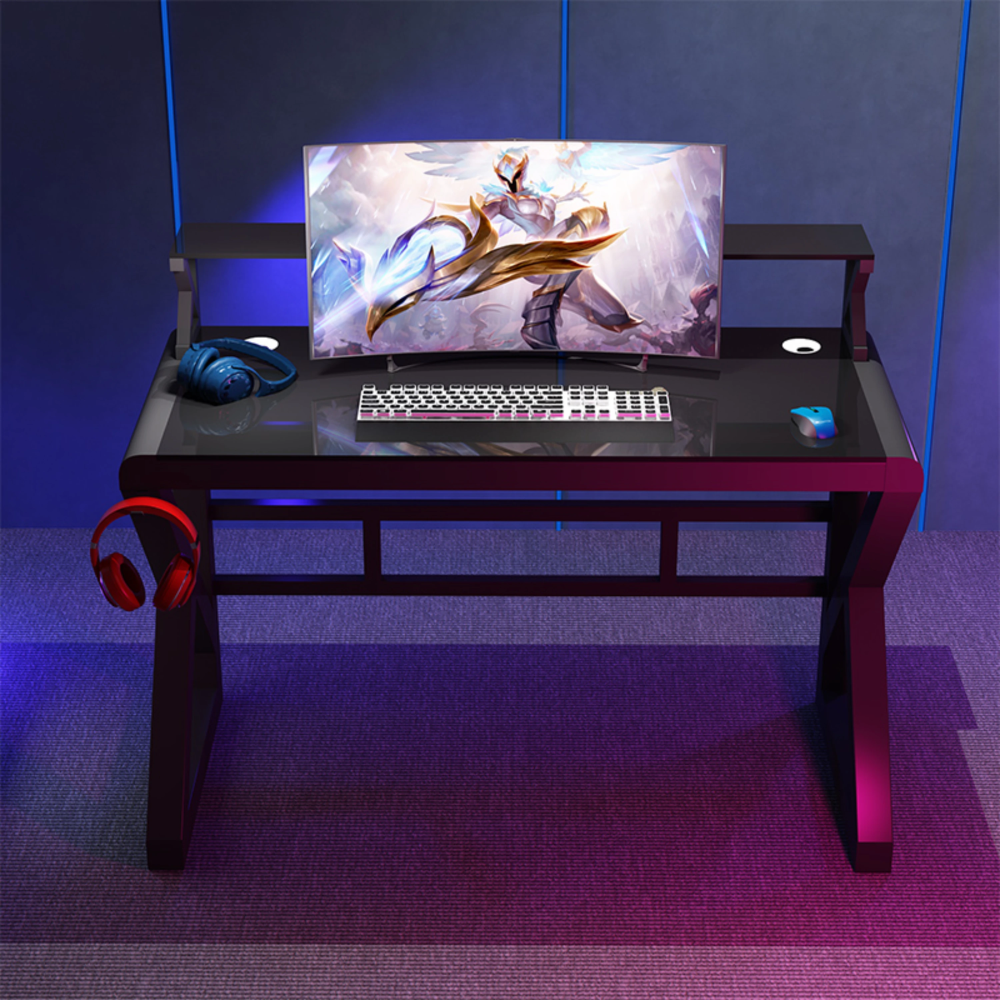 שולחן גיימרים מחשב כתיבה עם זכוכית יוקרתית ומדפים 100 ס"מ Rosso Italy RSM-1059 - צבע שחור - יבואן רשמי