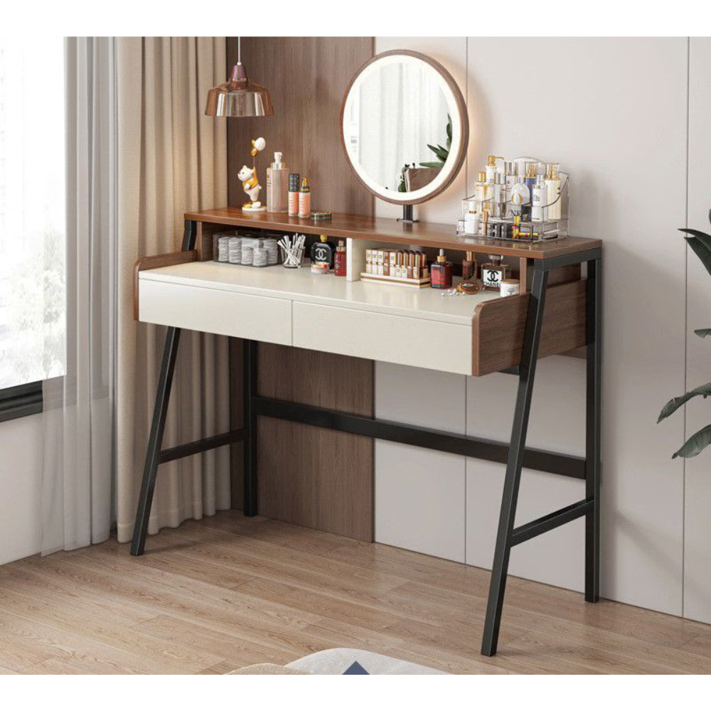 שידת איפור יוקרתית עם מראה ותאורת לד דגם RSM-2081 רוחב 100 ס"מ צבע שלדה שחורה משולב עץ ואפור מבית Rosso italy - יבואן רשמי