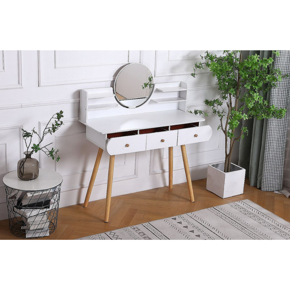 סט שידת איפור עם מראה רוחב 100 סמ דגם MSH-10-30 צבע לבן והדום בד יוקרתי דגם RSM-3014 שמנת מבית ROSSO ITALY - יבואן רשמי