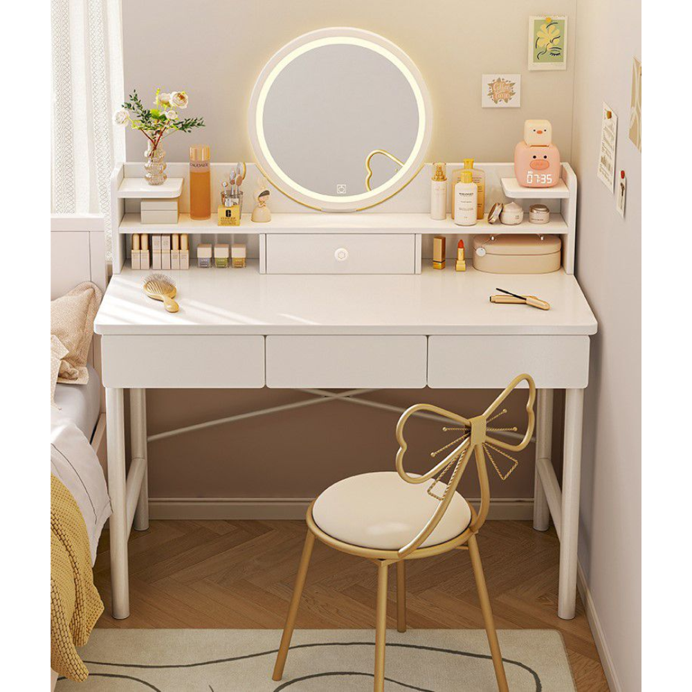 סט שידת איפור עם מראה ותאורת לד רוחב 100 סמ דגם RSM-2070 צבע לבן והדום בד יוקרתי דגם RSM-3014 שמנת מבית ROSSO ITALY - יבואן רשמי