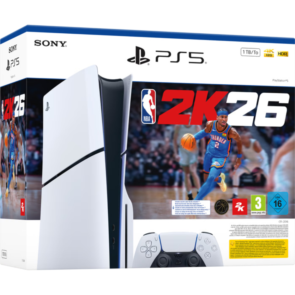 קונסולה Sony PlayStation 5 Slim 1TB Blu-Ray Edition כולל שובר למשחק NBA 2K26 - צבע לבן שנה אחריות ע"י - יבואן הרשמי
