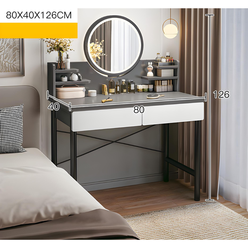 שידת איפור עם מראה ותאורת לד רוחב 80 ס"מ דגם RSM-2067 צבע אפור לבן מבית Rosso italy - יבואן רשמי