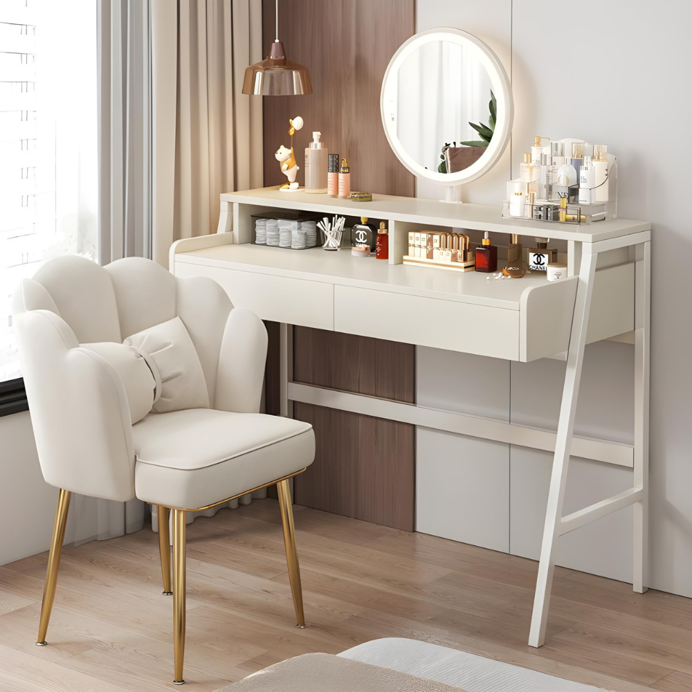 סט שידת איפור יוקרתית עם מראה ותאורת לד רוחב 80 סמ דגם RSM-2124 צבע לבן והדום בד יוקרתי דגם RSM-3014 שמנת מבית ROSSO ITALY - יבואן רשמי