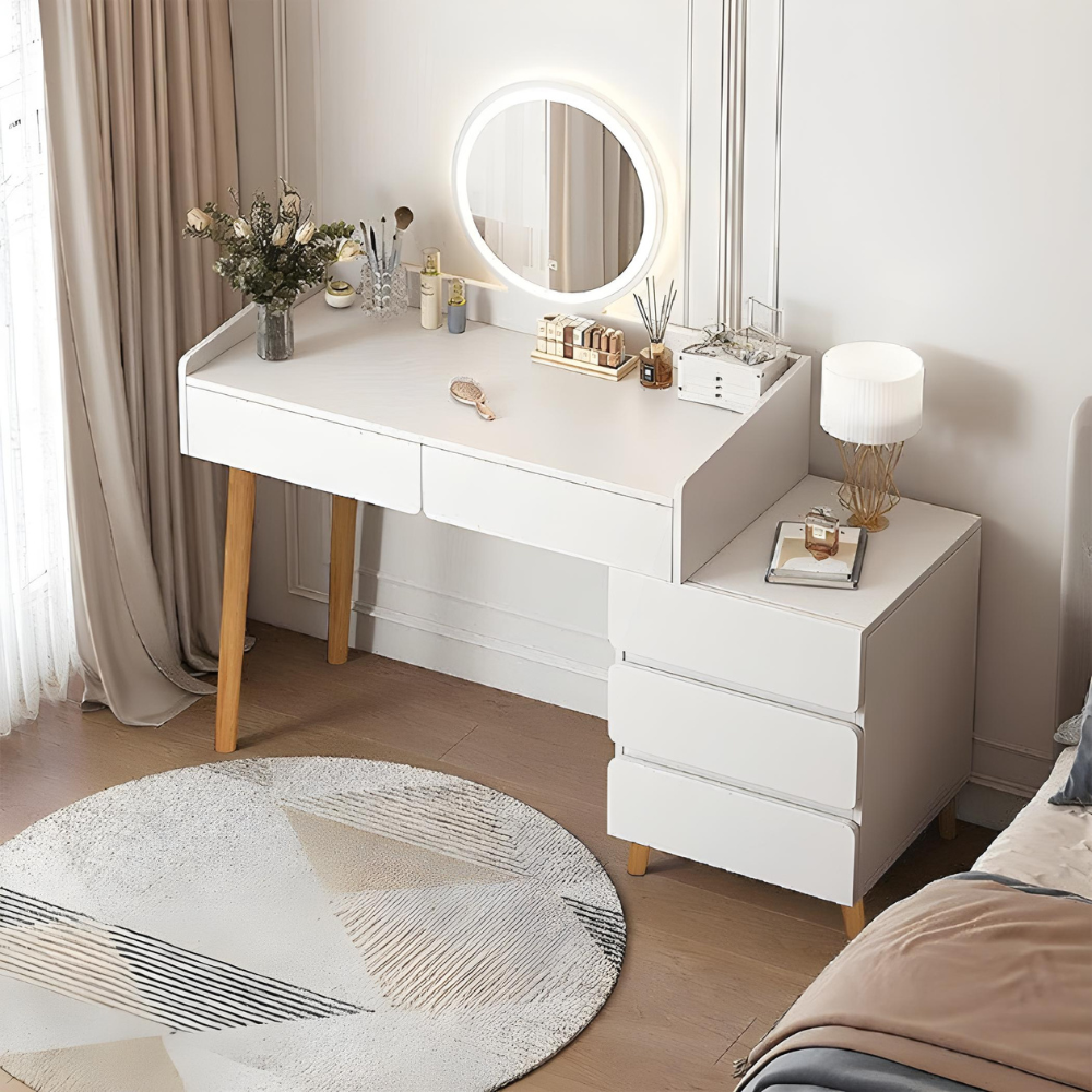 סט שידת איפור עם מראה ותאורת לד רוחב 106 סמ דגם RSM-2063 צבע לבן והדום בד יוקרתי דגם RSM-3014 שמנת מבית ROSSO ITALY - יבואן רשמי