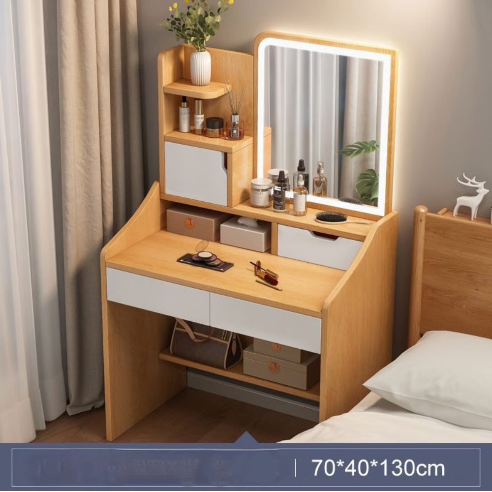 סט שידת איפור עם מראה כולל תאורת LED רוחב 70 סמ דגם RSM-1051 צבע עץ והדום בד יוקרתי דגם RSM-3014 שמנת מבית ROSSO ITALY - יבואן רשמי