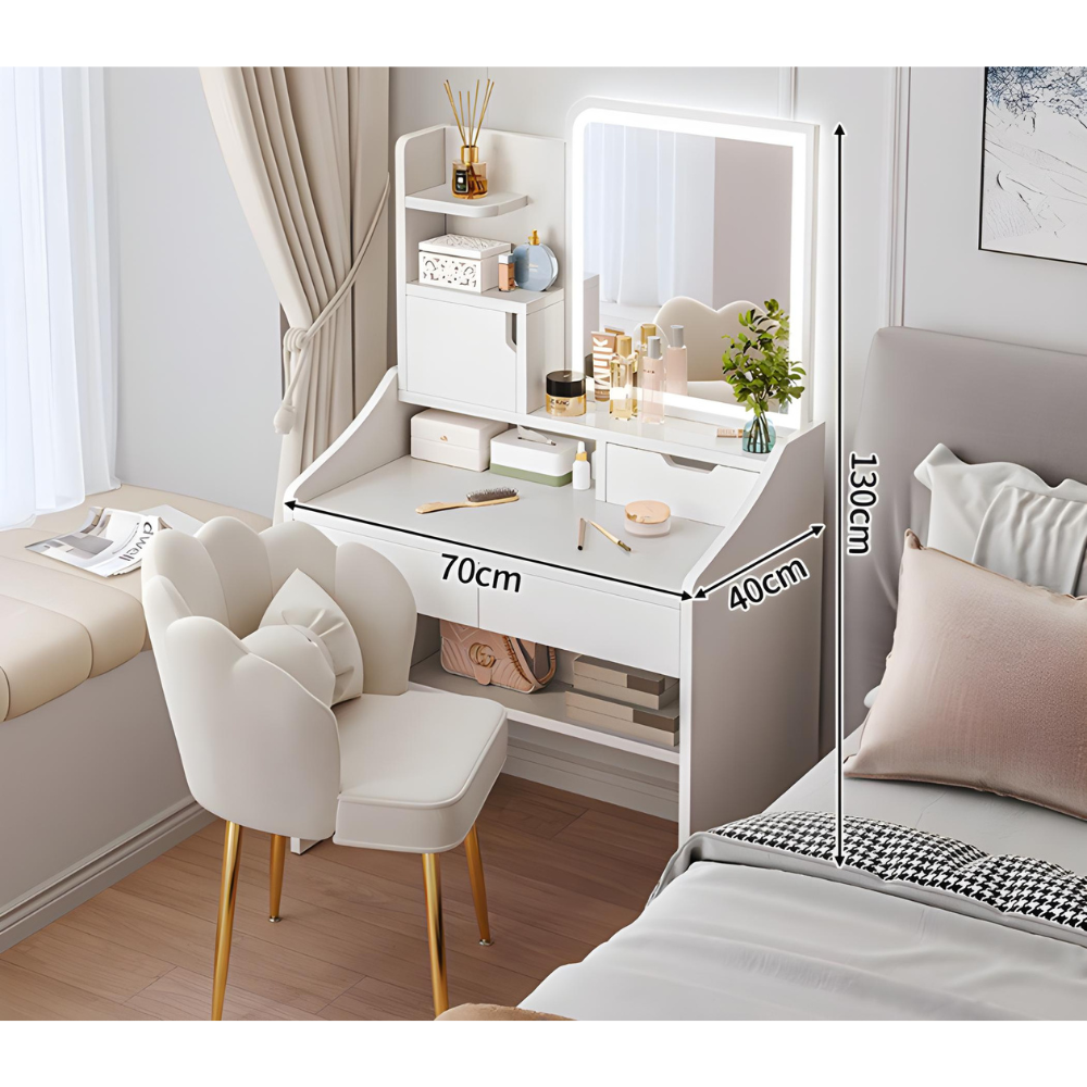 סט שידת איפור עם מראה כולל תאורת LED רוחב 70 סמ דגם RSM-1051 צבע לבן והדום בד יוקרתי דגם RSM-3014 שמנת מבית ROSSO ITALY - יבואן רשמי