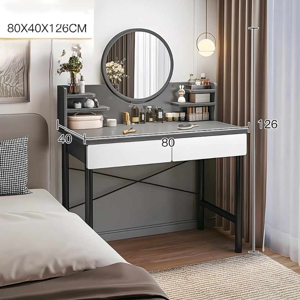 סט שידת איפור עם מראה רוחב 80 סמ דגם RSM-1015 בצבע אפור מגירות לבנות והדום בד יוקרתי דגם RSM-3014 שמנת מבית ROSSO ITALY - יבואן רשמי