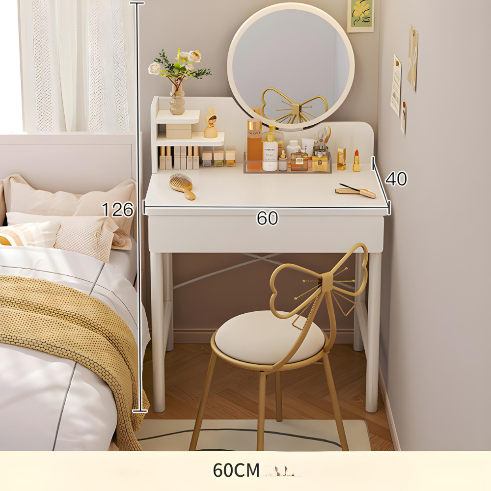 סט שידת איפור עם מראה רוחב 60 סמ דגם RSM-1014 צבע לבן והדום בד יוקרתי דגם RSM-3014 שמנת מבית ROSSO ITALY- יבואן רשמי