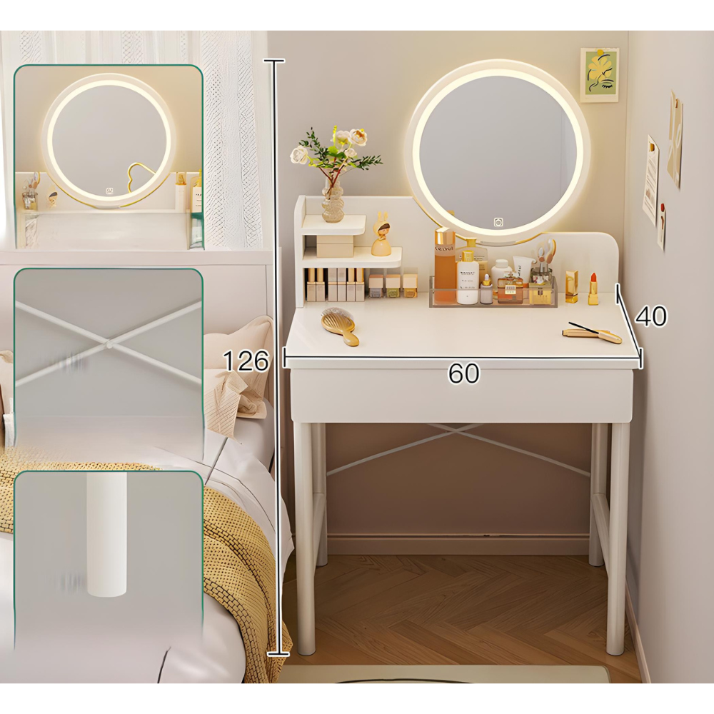 שידת איפור עם מראה ותאורת LED ברוחב 60 ס"מ דגם Rosso Italy RSM-3003-WHITE צבע לבן - יבואן רשמי