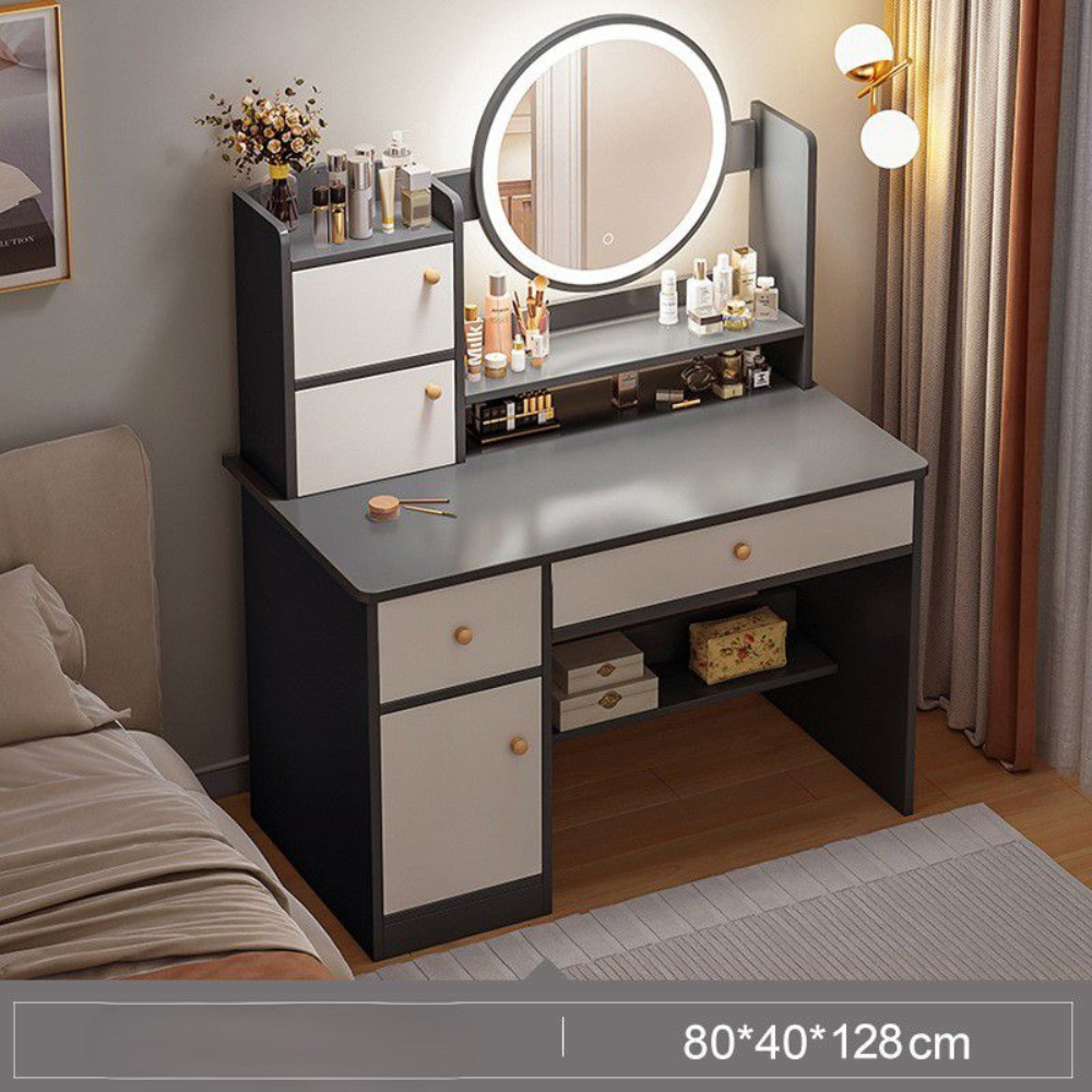 שידת איפור עם מראה ותאורת לד ברוחב 80 ס"מ Rosso Italy RSM-3055 בצבע אפור עם מגירות לבנות - יבואן רשמי