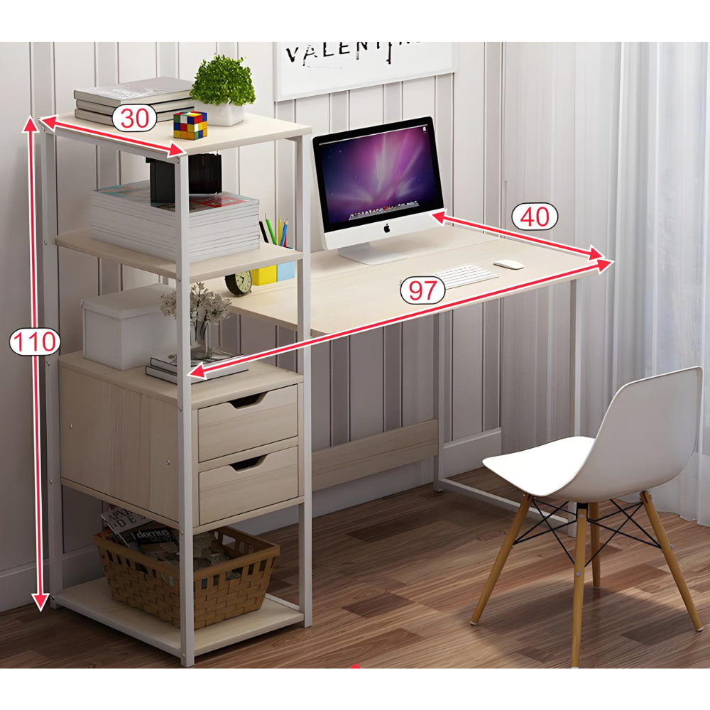 שולחן מחשב ברוחב 95 ס"מ כולל מדפים Rosso Italy RSM-2042 שלדה לבנה בשילוב עץ - יבואן רשמי