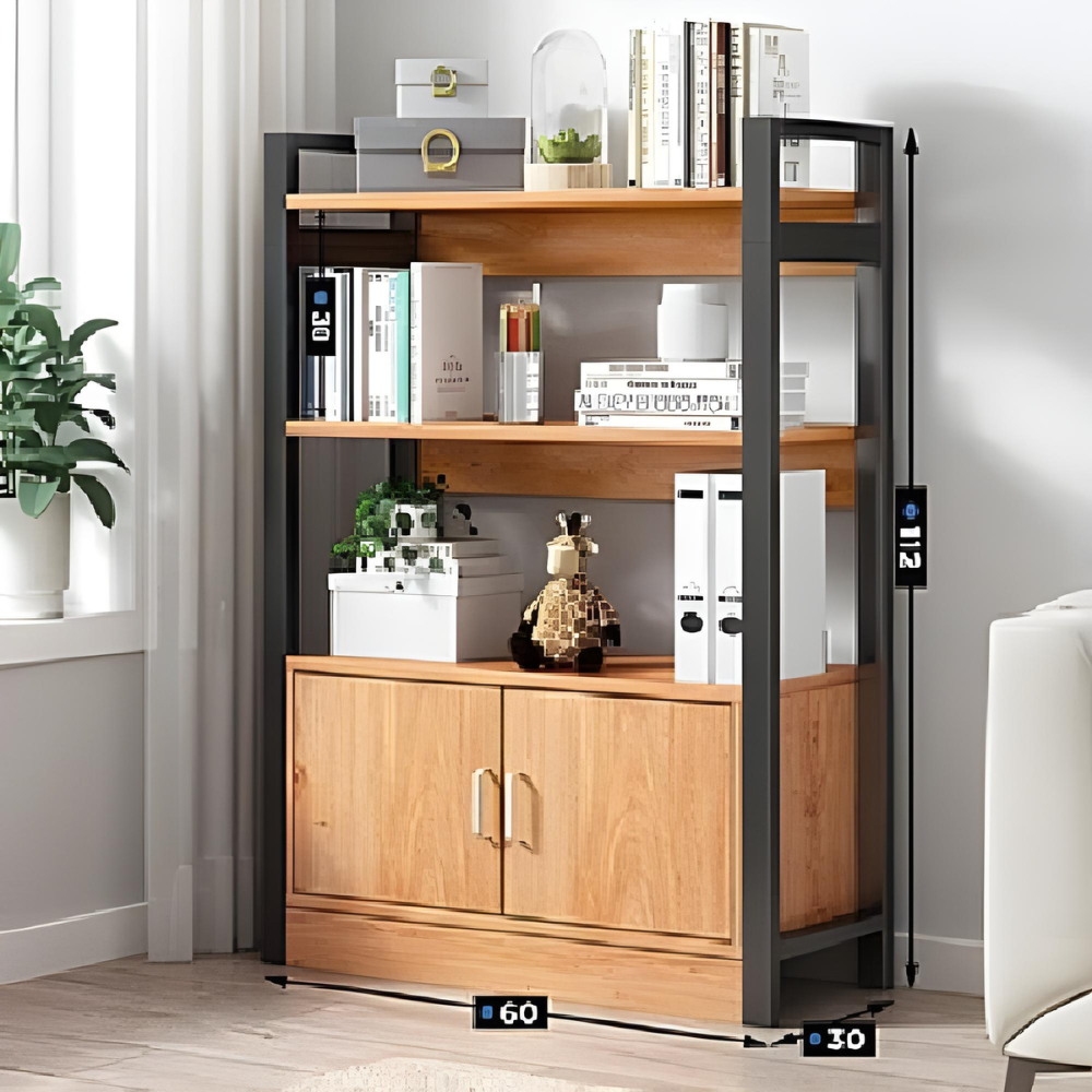 ספרייה מעוצבת בגובה 112 ס"מ Rosso Italy RSM-2096 עם שלדה שחורה משולבת עץ בהיר - יבואן רשמי