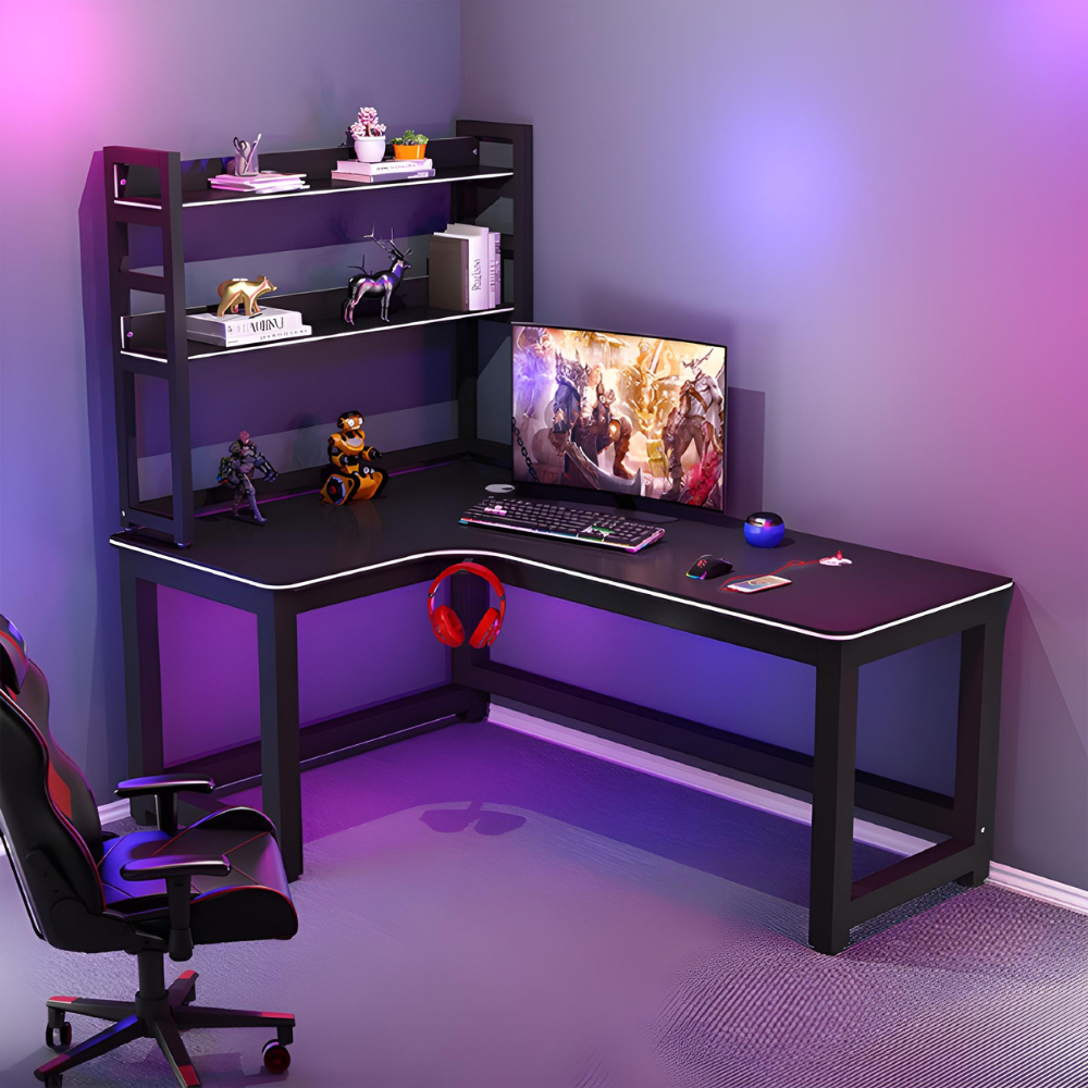 סט פינת גיימרים שולחן מחשב כתיבה ענק עם מדפים דגם RSM-1065 רוחב 1.2 מטר שחור וכסא מחשב אורטופדי דגם MSH-10-6 שחור ROSSO ITALY - יבואן רשמי