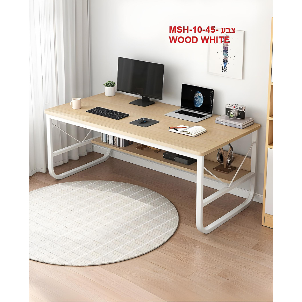 סט שולחן מחשב כתיבה ענק דגם MSH-10-45 רוחב 1.2 מטר עץ לבן וכסא מחשב אורטופדי דגם MSH-10-6 שחור ROSSO ITALY - יבואן רשמי