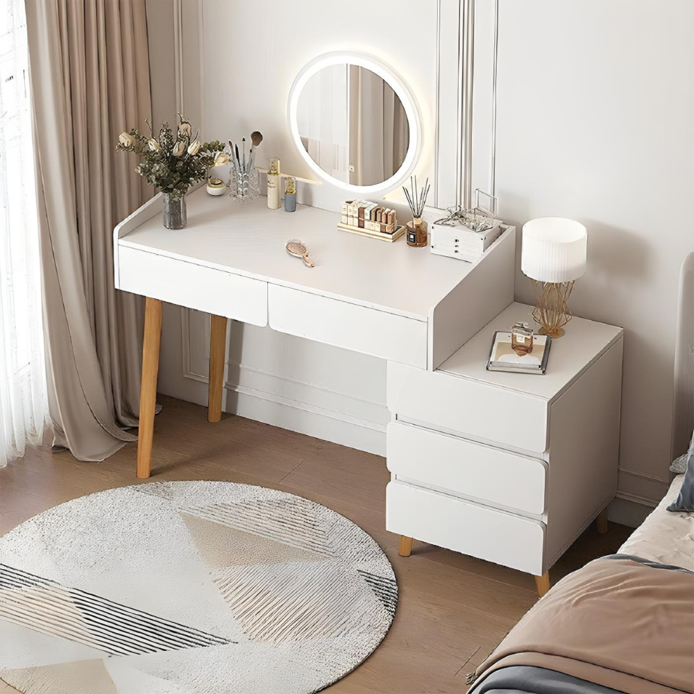 סט שידת איפור עם מראה ותאורת לד רוחב 106 ס"מ דגם RSM-2063 צבע לבן והדום בד יוקרתי דגם RSM-3014 שמנת מבית ROSSO ITALY - יבואן רשמי