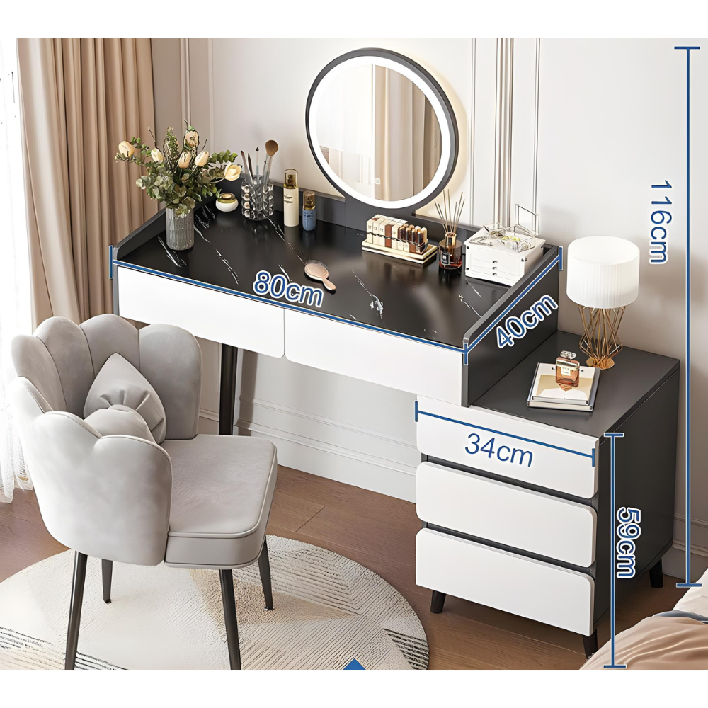 סט שידת איפור עם מראה ותאורת לד רוחב 106 ס"מ דגם RSM-2063 צבע שחור מגירות לבנות והדום בד יוקרתי דגם RSM-3014 שמנת מבית ROSSO ITALY - יבואן רשמי