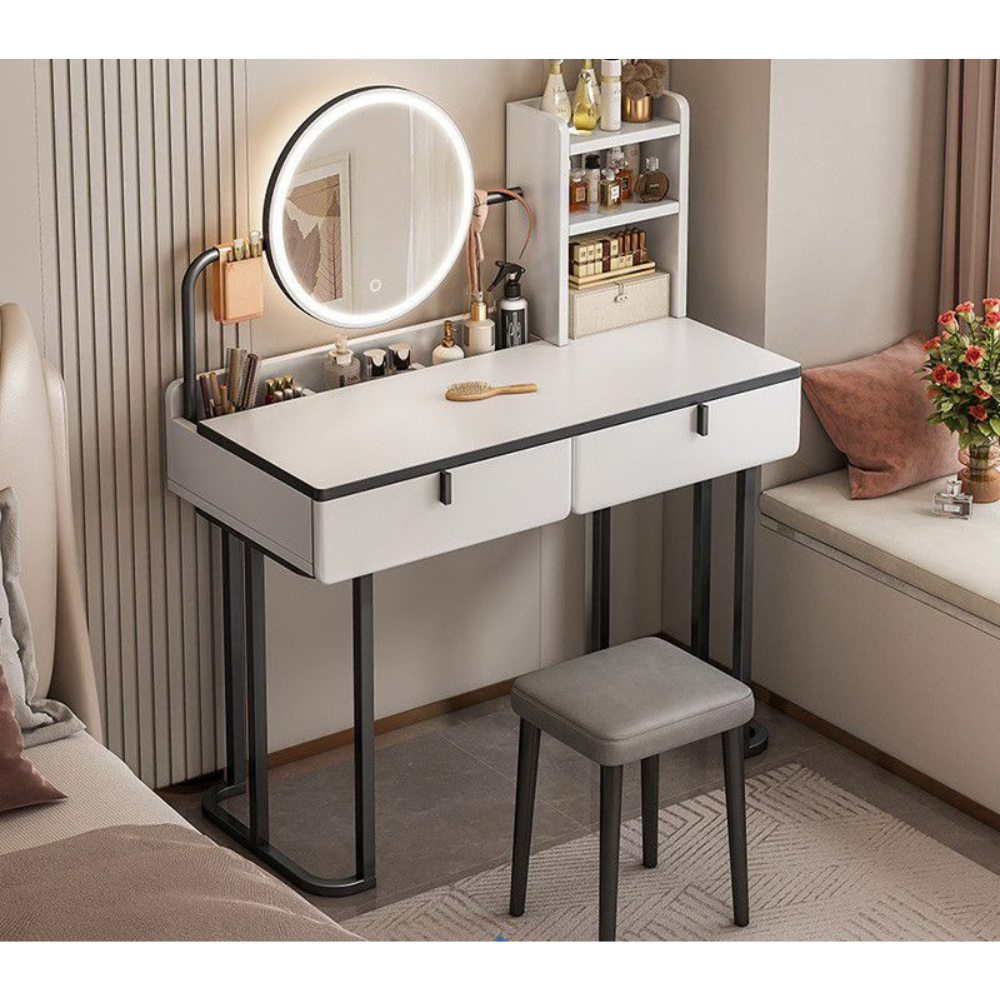 סט שידת איפור יוקרתית עם מראה ותאורת לד רוחב 80 ס"מ דגם RSM-2078 צבע לבן והדום בד יוקרתי דגם RSM-3014 שמנת מבית ROSSO ITALY - יבואן רשמי