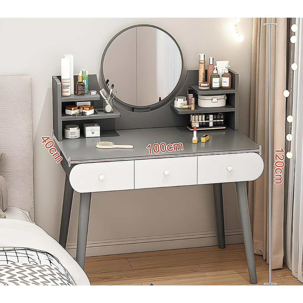 סט שידת איפור עם מראה רוחב 100 ס"מ דגם MSH-10-30 צבע אפור והדום בד יוקרתי דגם RSM-3014 שמנת מבית ROSSO ITALY - יבואן רשמי