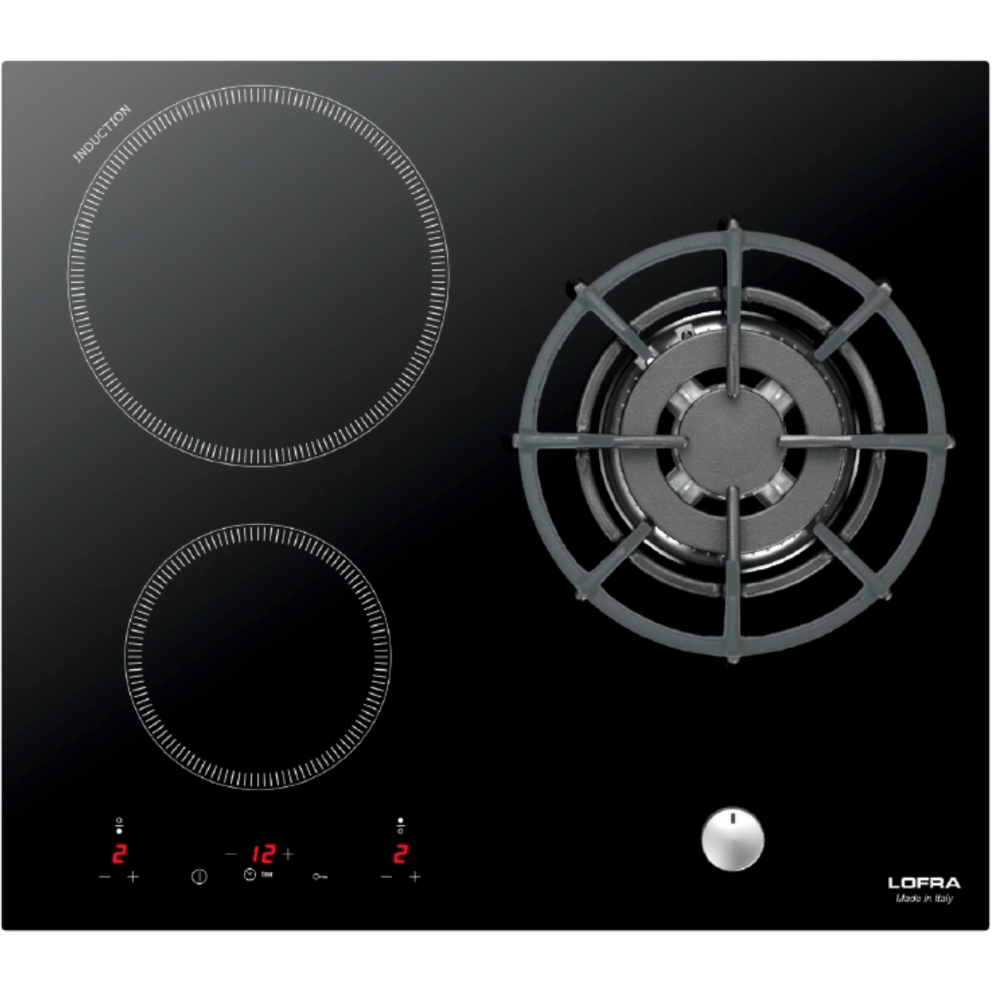 כיריים משולבות להבת גז טורבו ו- 2 מוקדי בישול אינדוקציה 60 ס''מ Lofra HIN612 תוצרת איטליה - תלת פאזי - צבע שחור אחריות ע"י היבואן הרשמי