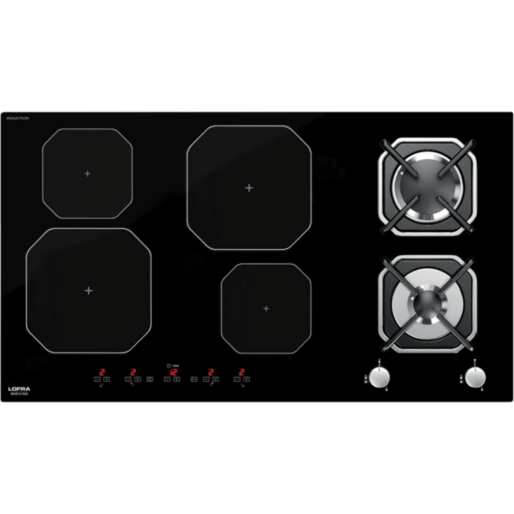 כיריים משולבות 2 להבות גז ו- 4 מוקדי בישול אינדוקציה 90 ס''מ Lofra HGN924I תוצרת איטליה - תלת פאזי - צבע שחור אחריות ע"י היבואן הרשמי