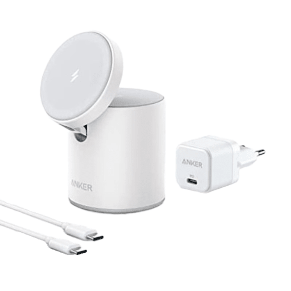 מטען אלחוטי 2 ב-1 Anker PowerWave Mag-Go - צבע לבן - K.B.V