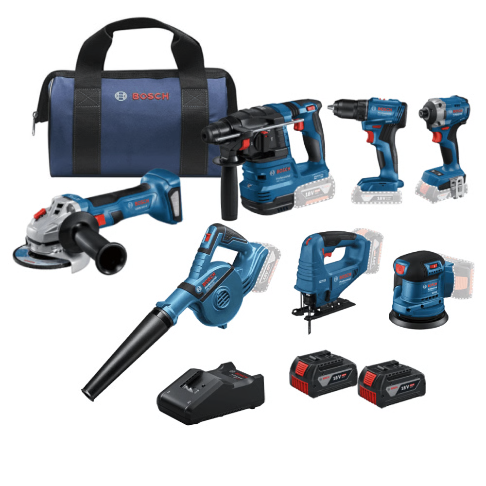 סט בוש 18V הכולל 7 חלקים עם 2 סוללות 4AH ומטען דגם: BOSCH-18V-7KIT-4AH