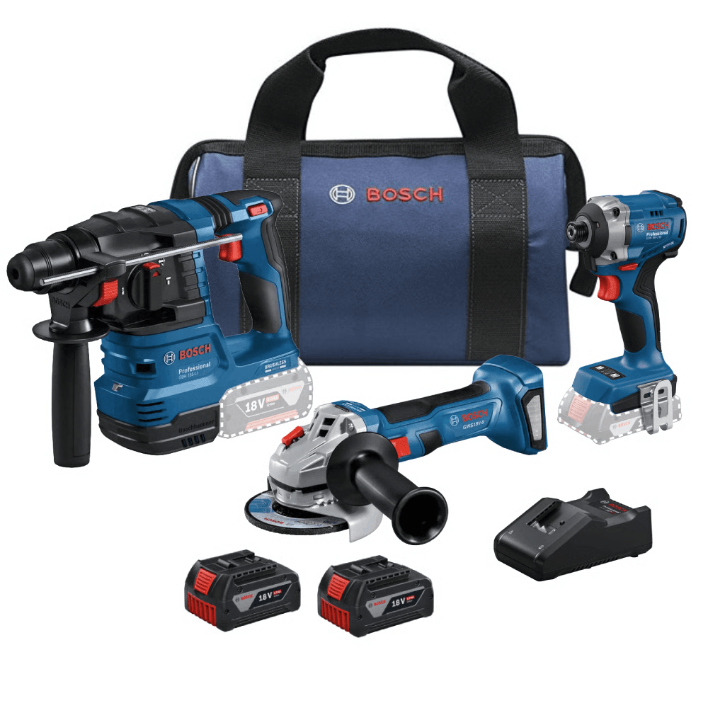 סט בוש 18V בראשלס -אימפקט, פטישון, דיסק +2 סוללות 4AH ומטען דגם: BOSCH-18V-3KIT-4AH - K.B.V