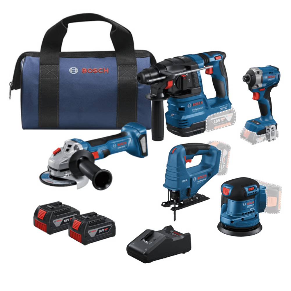 סט בוש 18V בראשלס - 5 חלקים עם 2 סוללות 4AH ומטען דגם: BOSCH-18V-5KIT-4AH