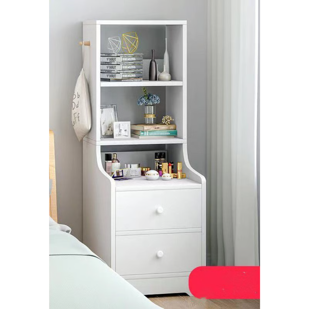 שידת לילה בעיצוב ייחודי עם שתי מגירות ומדפים גובה 114 ס"מ דגם RSM-2090 צבע לבן מבית Rosso italy - יבואן רשמי