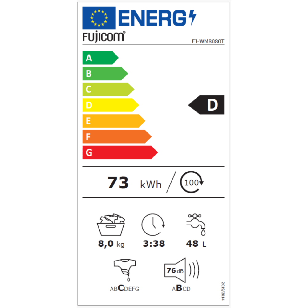 מכונת כביסה פתח חזית 8 ק''ג 1000 סל''ד Fujicom FJ-WM8080T - צבע לבן - K.B.V