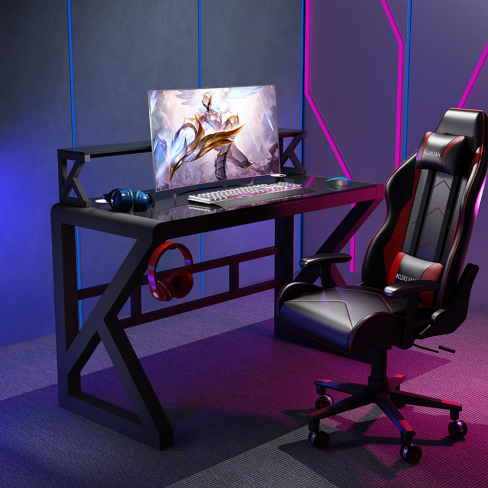 שולחן גיימרים מחשב כתיבה עם זכוכית יוקרתית ומדפים 100 ס"מ Rosso Italy RSM-1059 - צבע שחור - יבואן רשמי