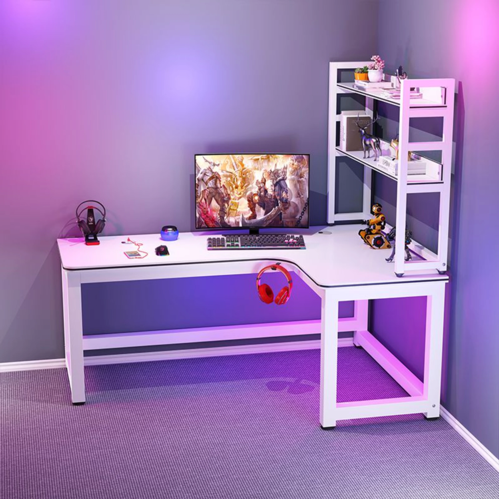 שולחן מחשב פינתי לגיימרים עם מדפים רוחב 120 ס"מ Rosso Italy RSM-2133 - לבן - יבואן רשמי