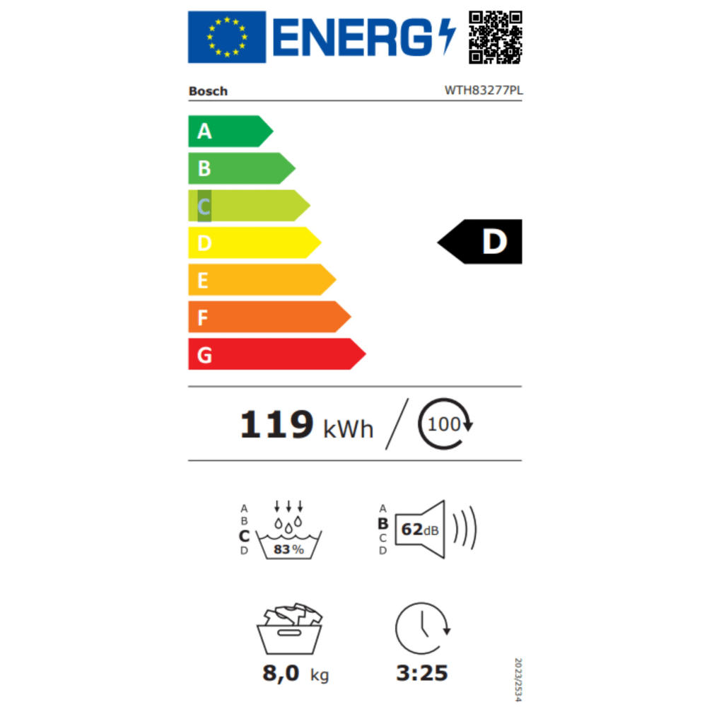 מייבש כביסה פתח חזית 8 ק"ג Bosch HEAT PUMP WTH83277PL - צבע לבן - K.B.V