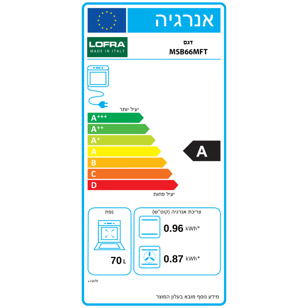 תנור אפייה משולב 70 ליטר תוצרת איטליה בורדו דגם LOFRA PR66MF/CI - K.B.V