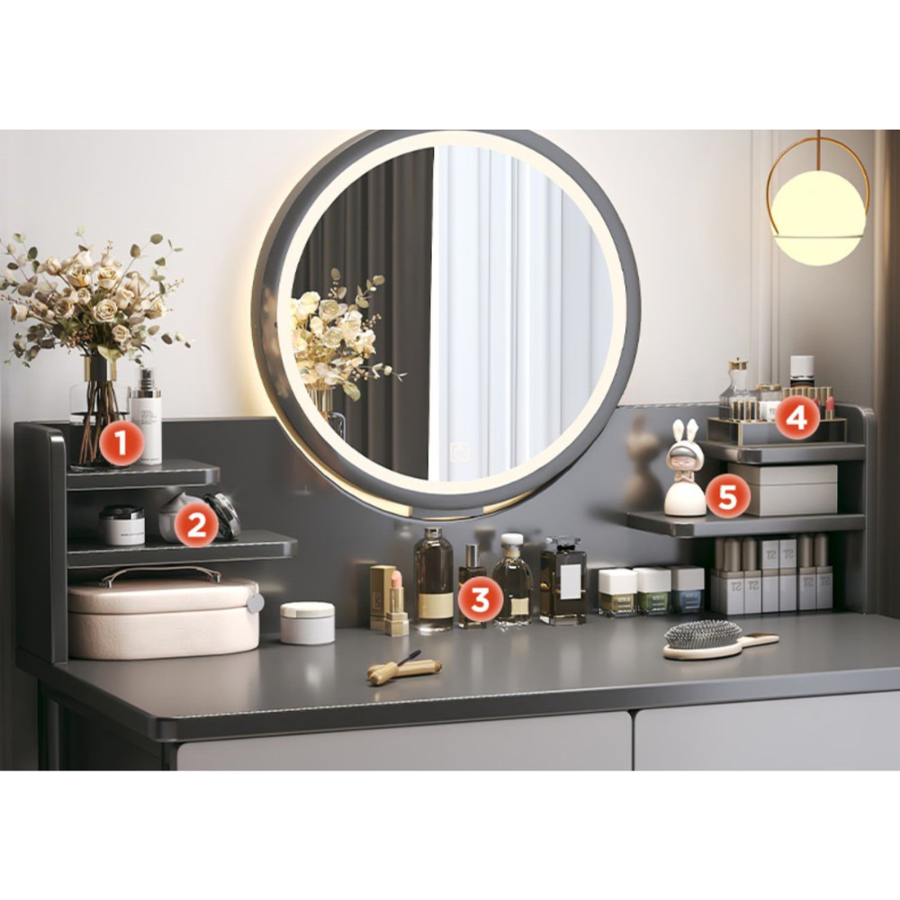 שידת איפור עם מראה ותאורת לד רוחב 80 ס"מ דגם RSM-2067 צבע אפור מבית Rosso italy - יבואן רשמי