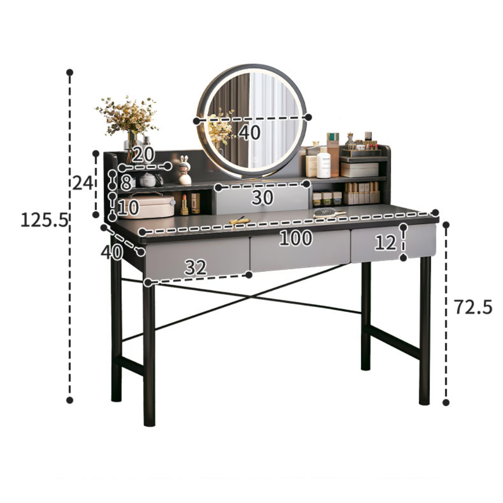 שידת איפור עם מראה רוחב 100 ס"מ דגם RSM-1016 מבית ROSSO ITALY צבע אפור כהה מגירות אפורות - יבואן רשמי