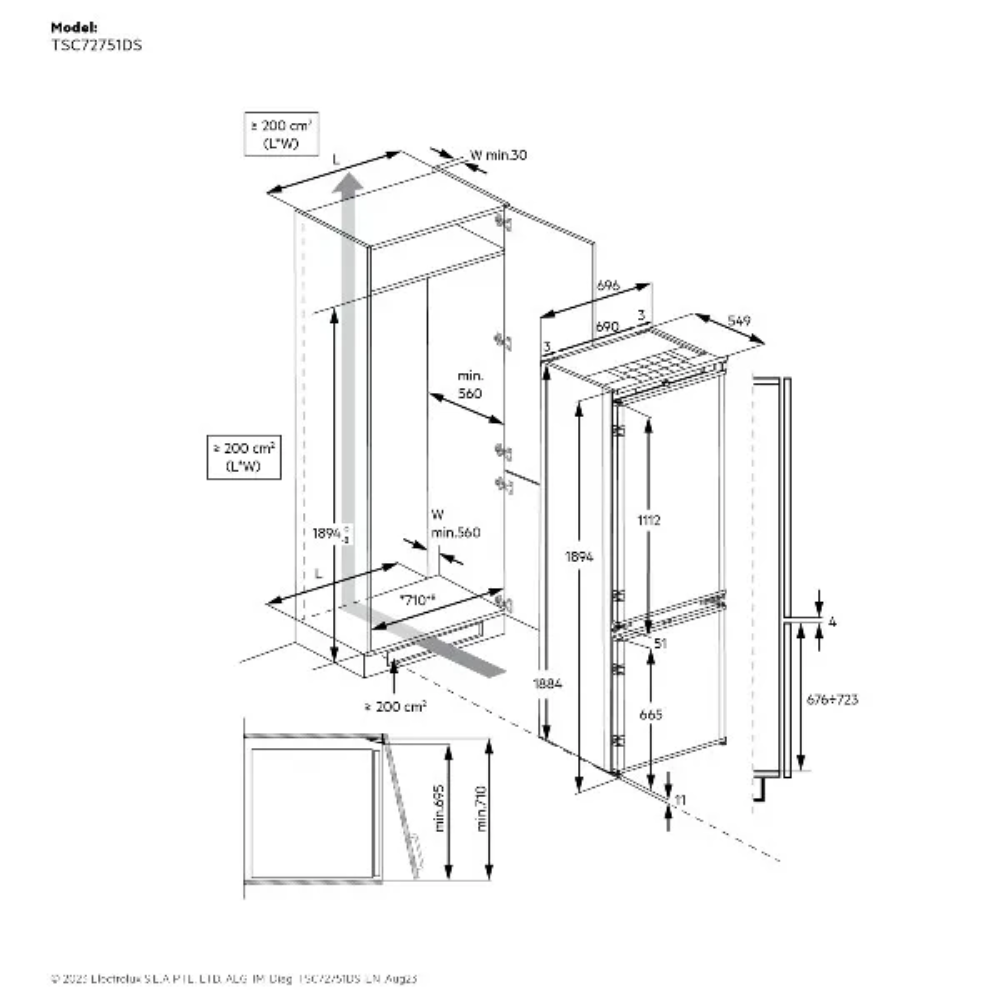 מקרר אינטגרלי מקפיא תחתון 376 ליטר דגם AEG TSC72751DS - יבואן רשמי