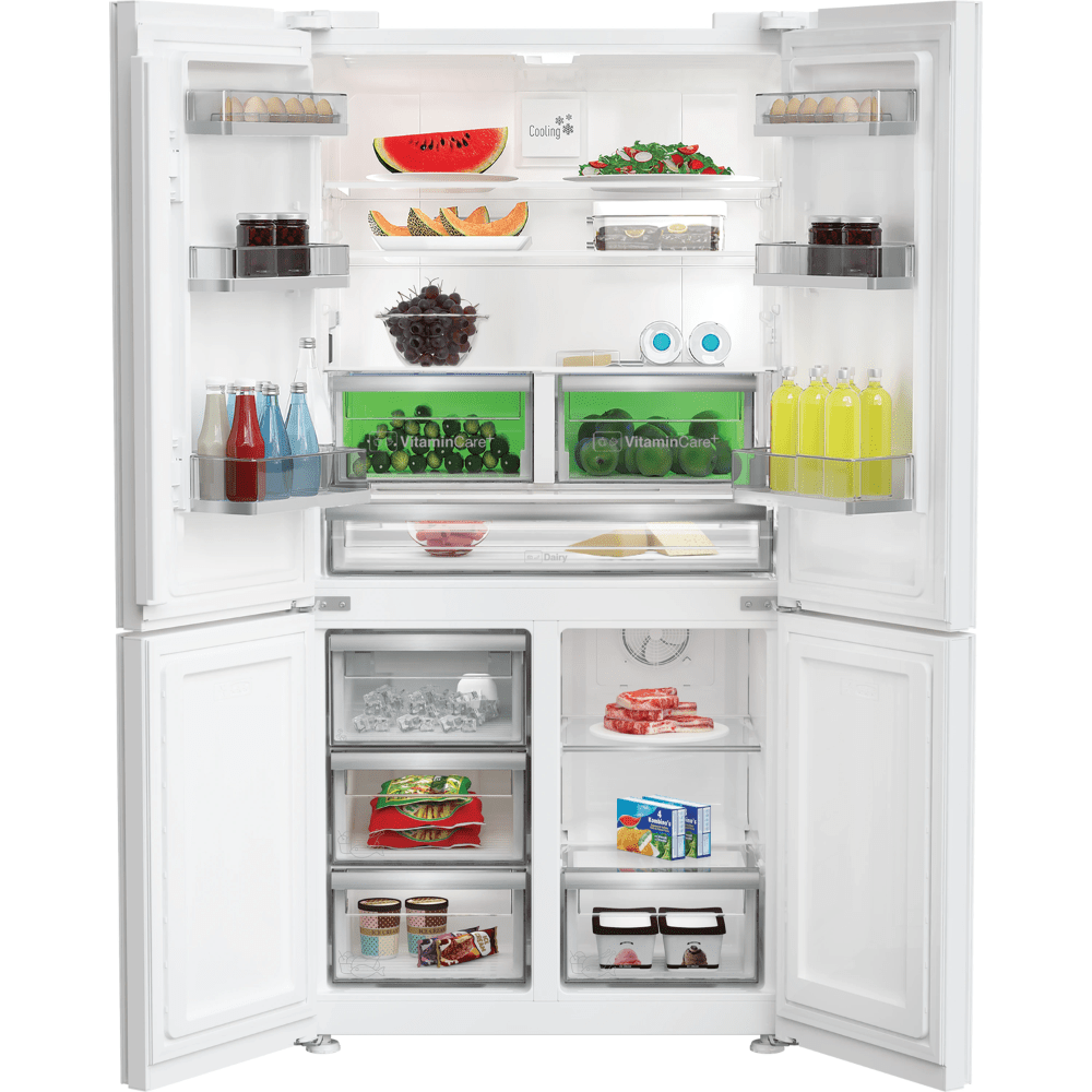 Blomberg מקרר 4 דלתות Blomberg KQD162EGW כולל התקן שבת ומייצר קרח - גימור זכוכית לבנה - K.B.V