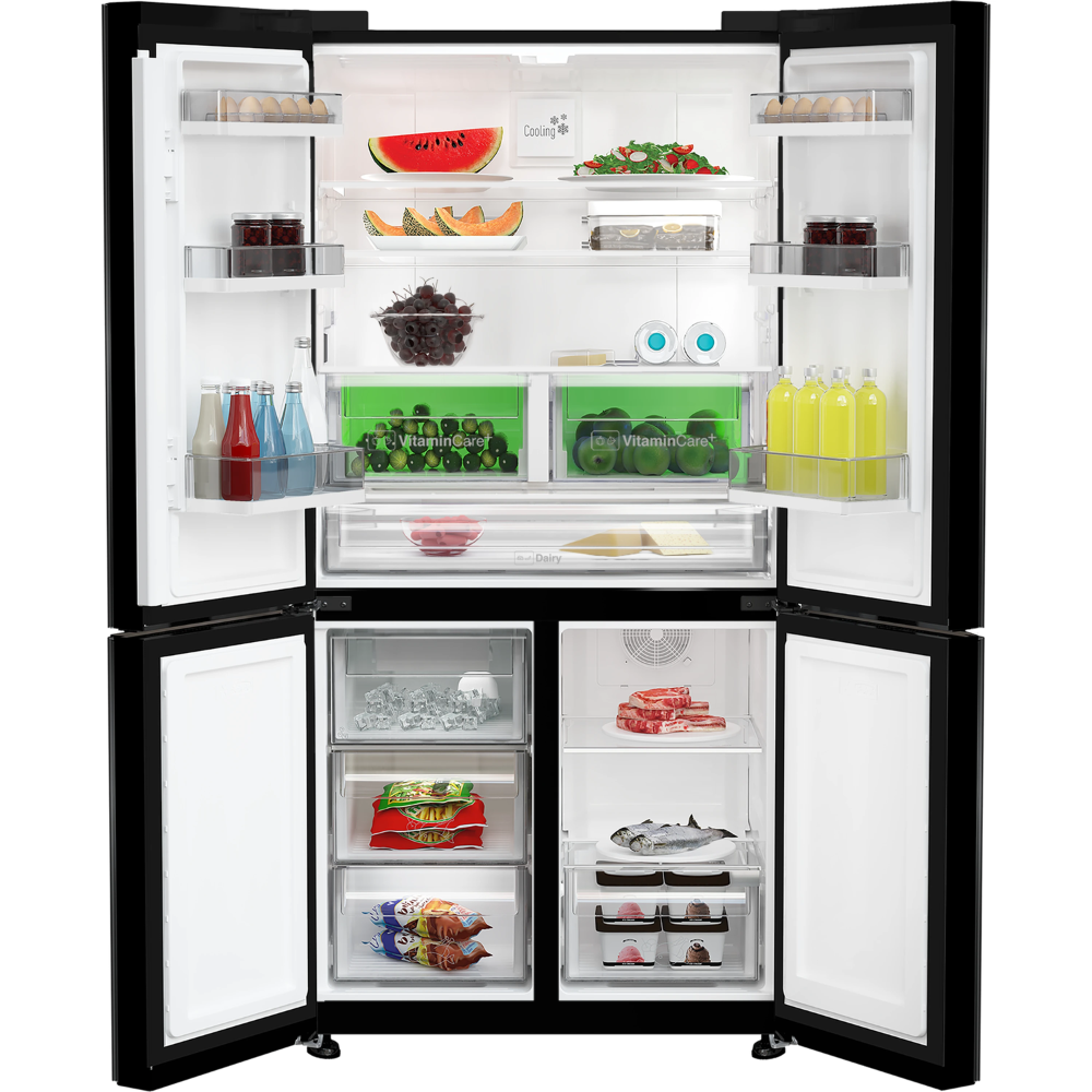 מקרר 4 דלתות Blomberg KQD1644GB כולל התקן שבת ומייצר קרח - גימור זכוכית שחורה - יבואן רשמי