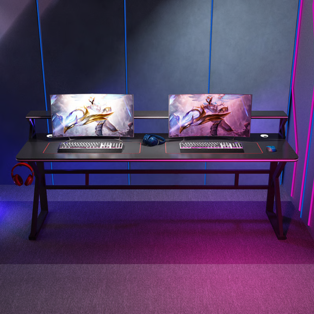 שולחן גיימרים מחשב כתיבה כפול ענק זוגי עם מדפים דגם RSM-1058 רוחב 1.8 מטר מבית ROSSO ITALY צבע שחור - יבואן רשמי