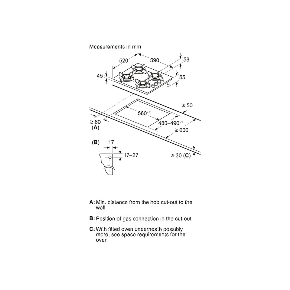 כיריים גז 4 להבות 60 ס"מ דגם POH6B6K30Y בוש BOSCH זכוכית שחורה - יבואן רשמי