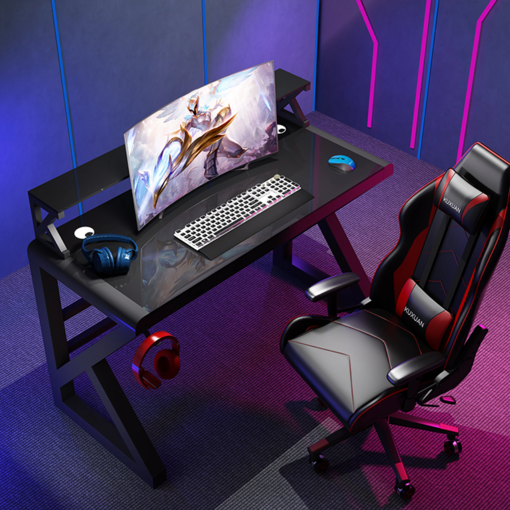 שולחן גיימרים מחשב כתיבה עם זכוכית יוקרתית ומדפים 100 ס"מ Rosso Italy RSM-1059 - צבע שחור - יבואן רשמי