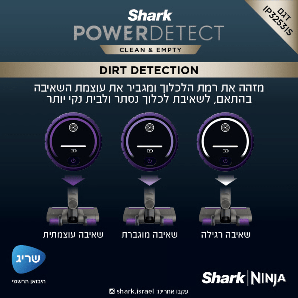 שואב אבק אלחוטי עם מערכת ריקון וטעינה אוטומטית Shark power detect IP3253 - K.B.V