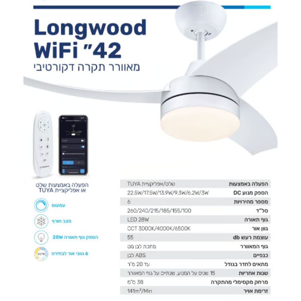 מאוורר תקרה 42'' Longwood WIFI מנוע DC לבן 28W CCT עמעם ושלט Westinghouse - יבואן רשמי