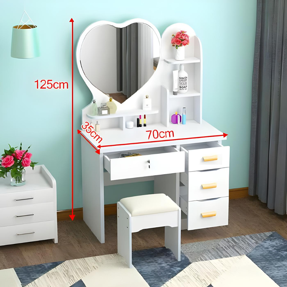 שידת איפור עם מראה בצורת לב וכסא רוחב 70 ס"מ RSM-5012 צבע לבן Rosso italy - יבואן רשמי