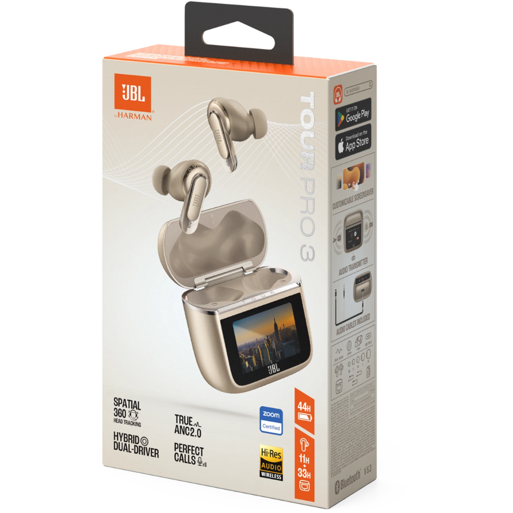 אוזניות אלחוטיות עם כיסוי חכם ומשתיק רעשים JBL Tour Pro 3 TWS - צבע בז שנה אחריות ע"י - יבואן הרשמי