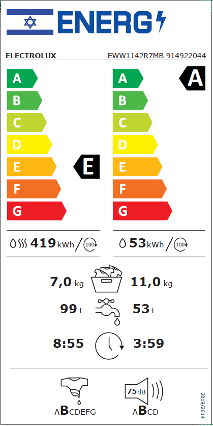 מכונת כביסה משולבת מייבש ELECTROLUX אלקטרולוקס EWW1142R7MB - יבואן רשמי