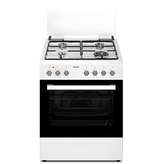 תנור משולב כיריים גז מולטיסיסטם 60 ליטר 9 תוכניות 4 מבערים Fujicom FJ-FS6365W - צבע לבן - יבואן רשמי